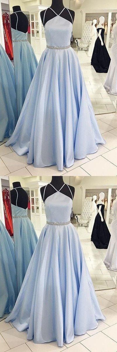 Light Blue Satins Long A Line Formal Prom Dresses With Spaghetti M0482 On Luulla 
