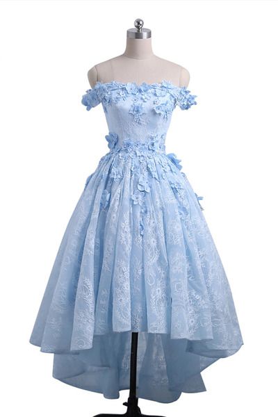 Custom Made Ice Blue Off Shoulder Lace And Floral High Low Homecoming Dress