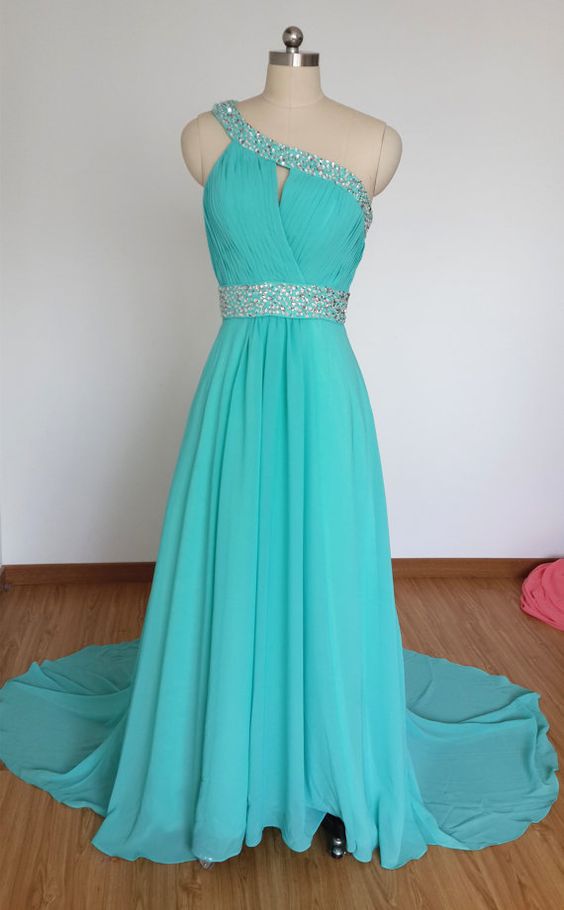 One-shoulder Turquoise Blue Chiffon Beaded Long Prom Dress With Long Train M0550