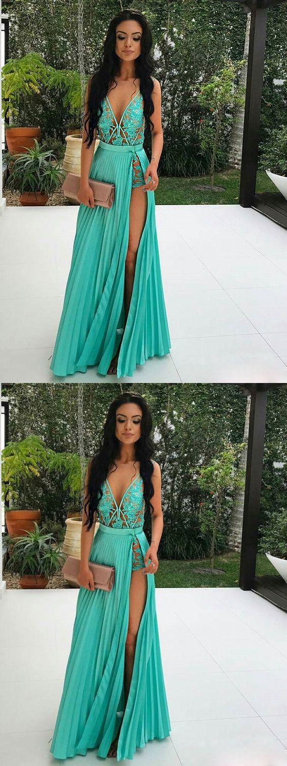 Sexy Deep V Neckline Long Evening Dress, Sexy Blue Appliques Long Prom ... image.