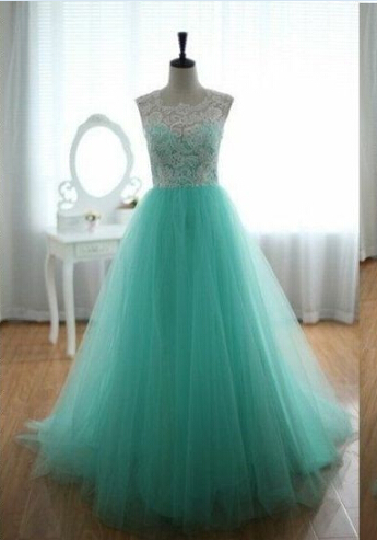 Long Charming Elegant White Lace Mint Tulle Prom Dresses For Teens M0574
