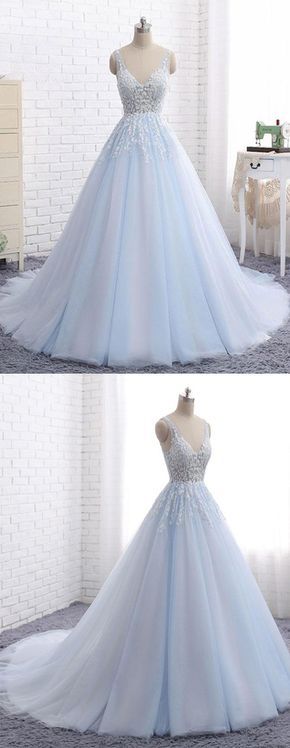 Elegant A-line V-neck Blue Tulle Long Prom/evening Dress With Appliques M0580