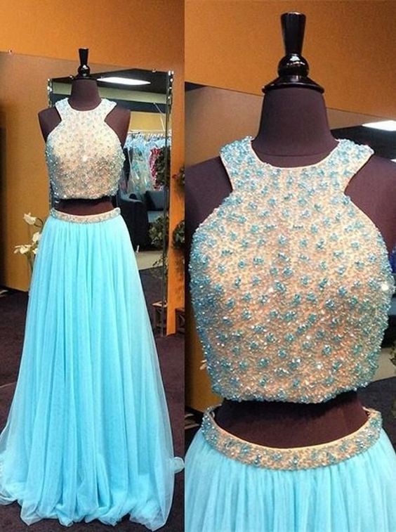 Blue Prom Dress,long Prom Dress,two Pieces Prom Dress,beaded Prom Dress,charming Evening Dress, M0600
