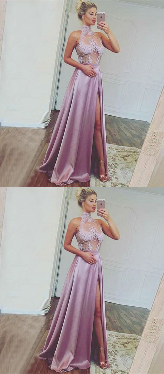 A-line High Neck Sweep Train Split Front Lavender Stretch Satin Prom Dress With Lace, M0602