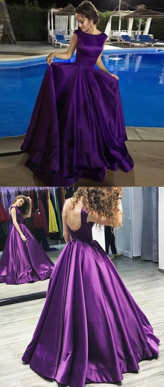 A-line Bateau Backless Floor-length Purple Satin Prom Dress With Pleats M0616
