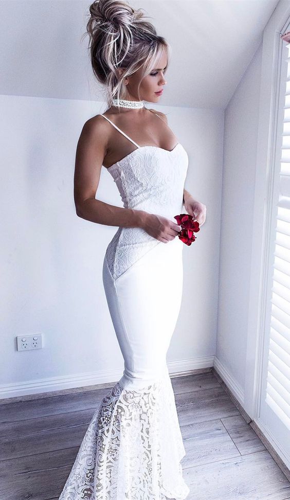 Mermaid Spaghetti Straps White Elastic Satin Prom Dress With Lace M0628