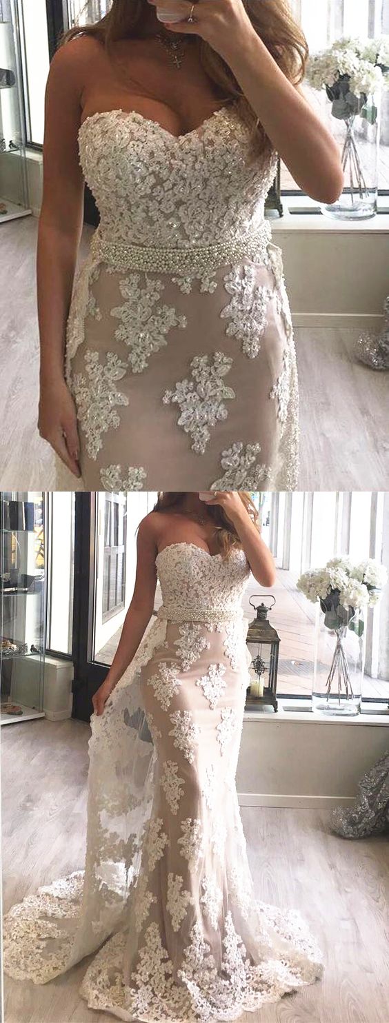 Mermaid Sweetheart Sweep Train White Prom Dress With Appliques Beading M0634