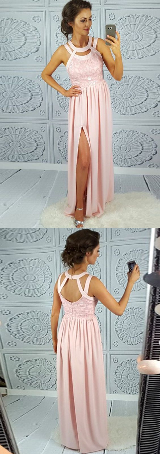 A-line Round Neck Open Back Split-front Pink Satin Prom Dress With Lace M0641
