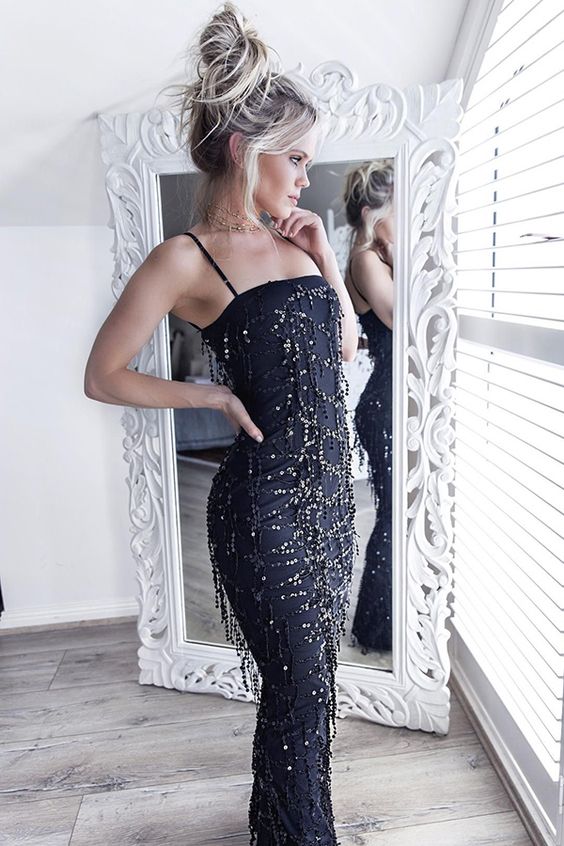 Mermaid Spaghetti Straps Floor-length Dark Navy Stretch Satin Prom Dress With Tassels Beading M0644