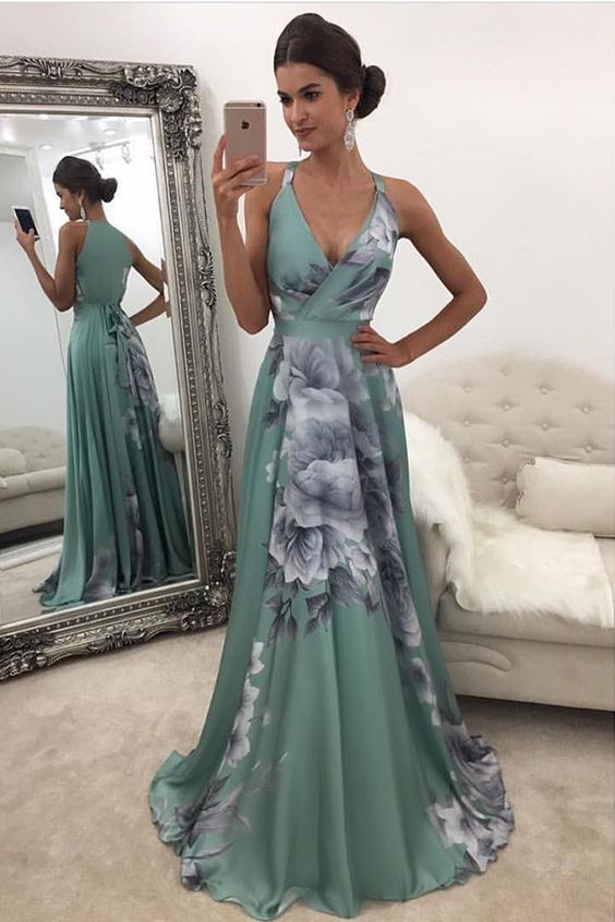 Aline Vneck Sidezipper Flower Print Green Stretch Satin Prom Dress M0645 on Luulla