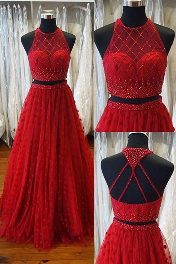 Two Piece A-line Jewel Sweep Train Open Back Red Prom Dress With Beading Appliques M0659