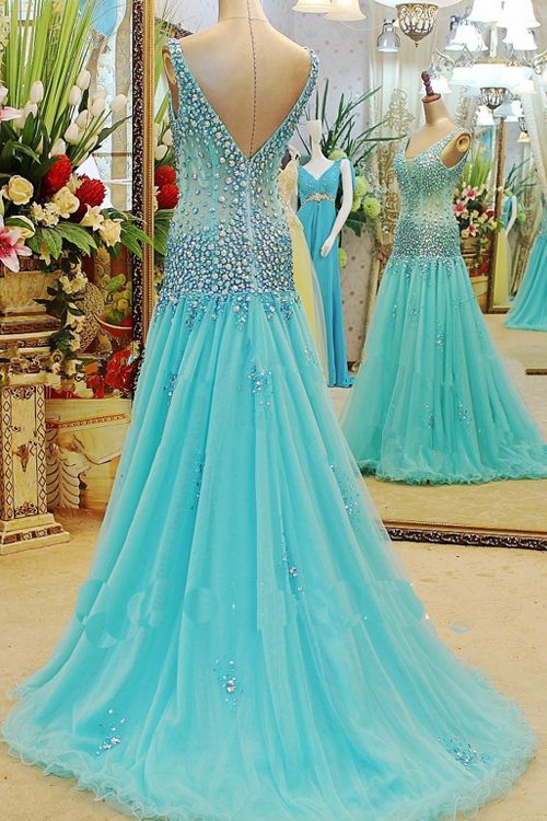 Charming V-neck Blue Long Backless Blue Prom/evening Dress With Crystal M0663