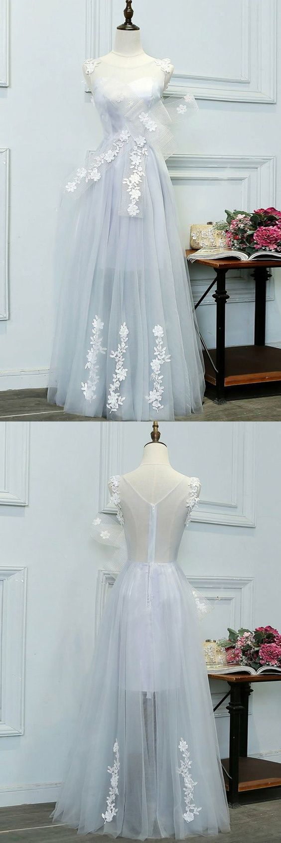 A-line Crew Floor-length Lavender Tulle Prom Dress With Appliques Bow M0673