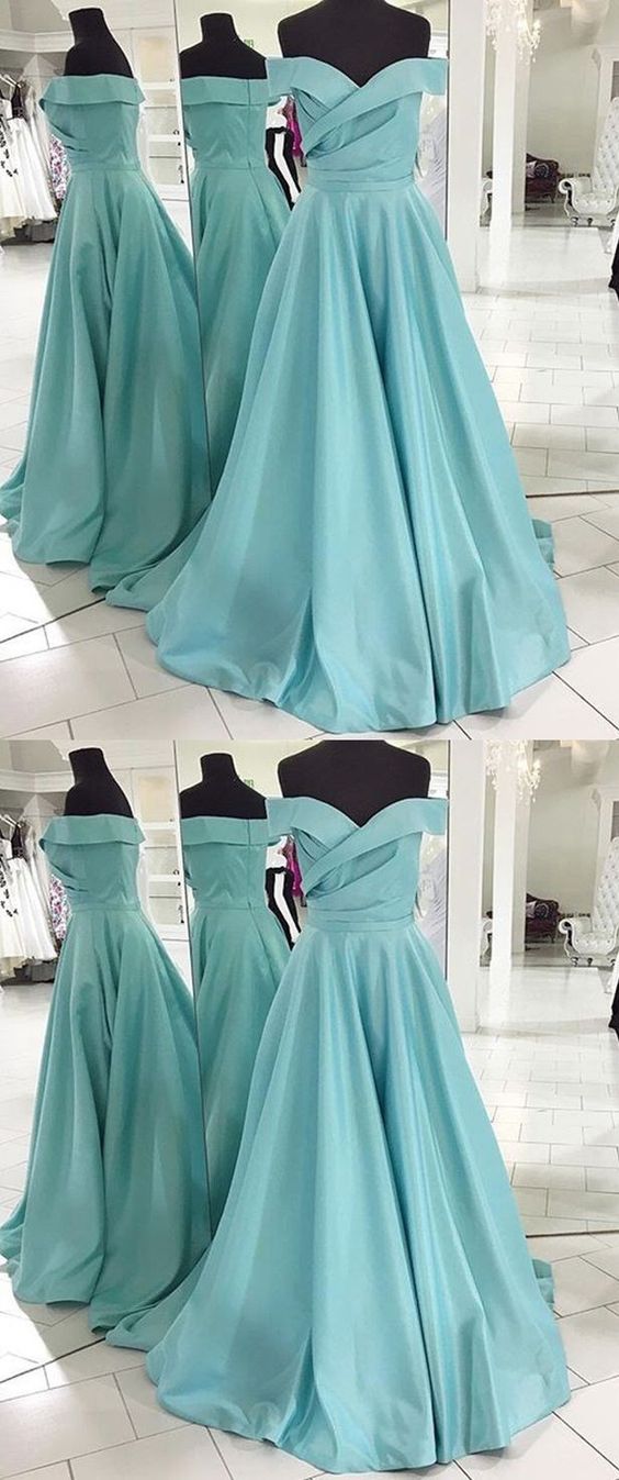 A-line Off The Shoulder Sweep Train Blue Satin Prom Dress With Pleats M0674