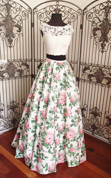 A Line Ivory Pink Print Beaded Lace Two Piece Long Prom Dress. M0691