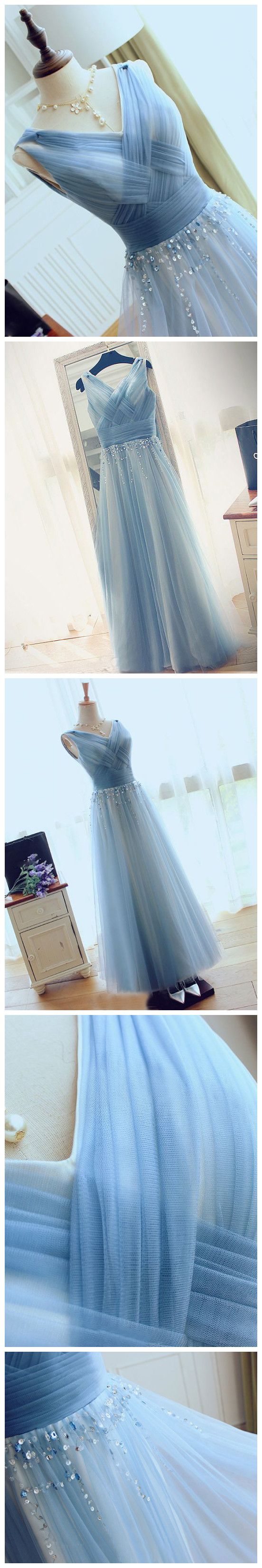 2018 Chic Prom Dress A-line V-neck Blue Tulle Evening Dress. M0692