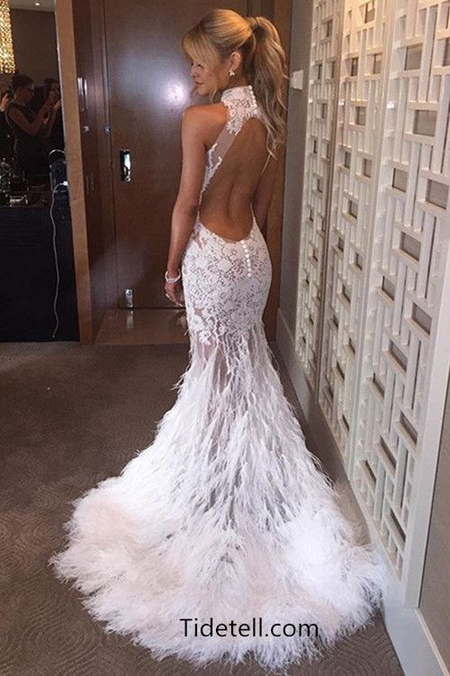 Sexy Mermaid High Neck Lace Sweep Train White Prom  Evening  