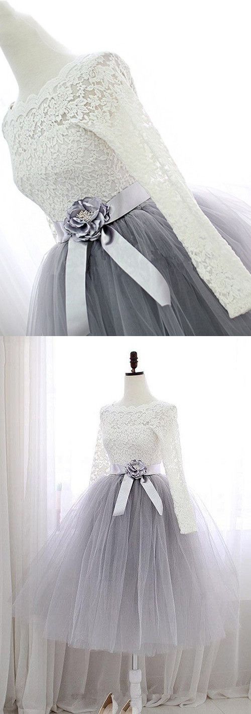 A-line Bateau Long Sleeves Light Gray Tulle Prom Dress With Flower M0728