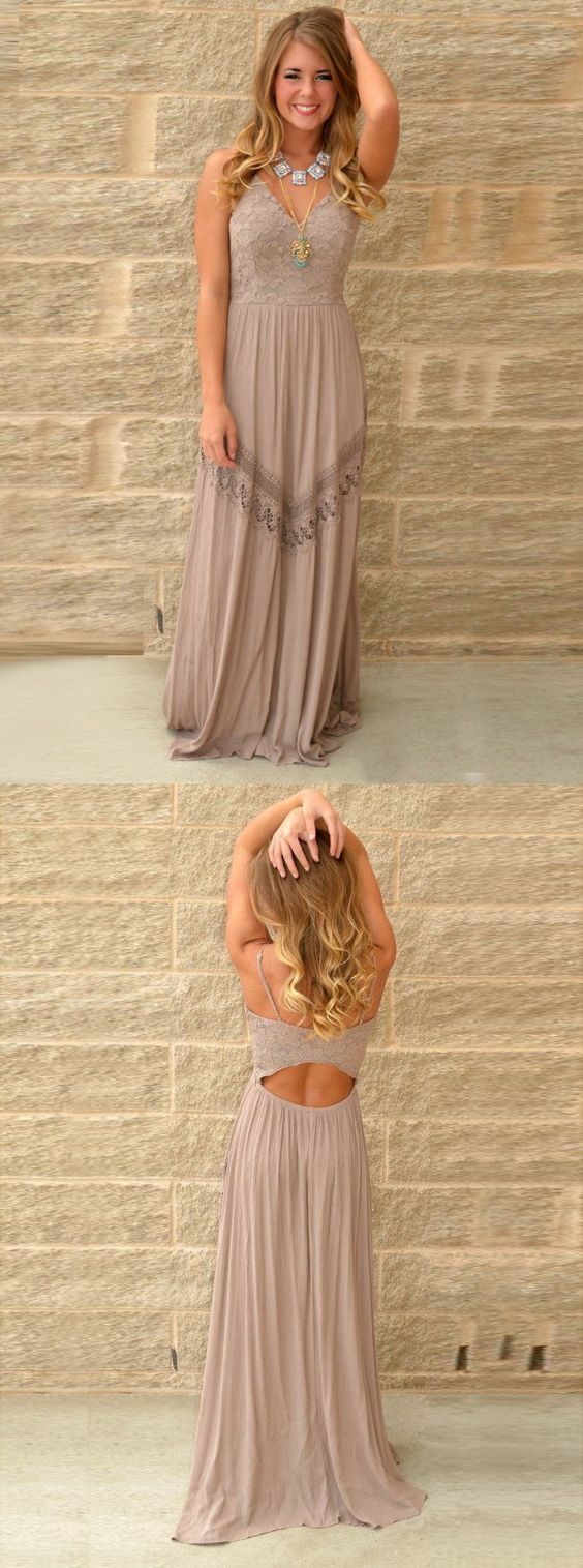 A-line Spaghetti Straps Long Gray Polyester Prom Dress With Lace M0750