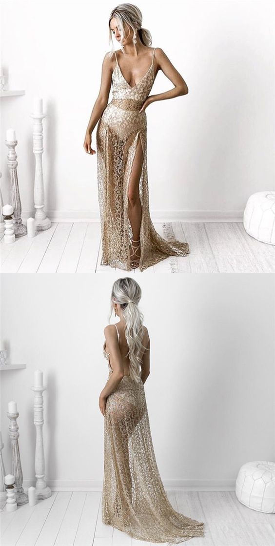 Sheath Spaghetti Straps Split-side See-throuth Champagne Lace Prom Dress M0758