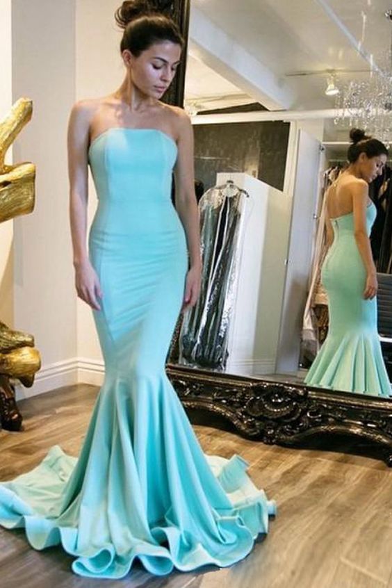 Simple Strapless Sweep Train Mermaid Turquoise Prom Dress M0772
