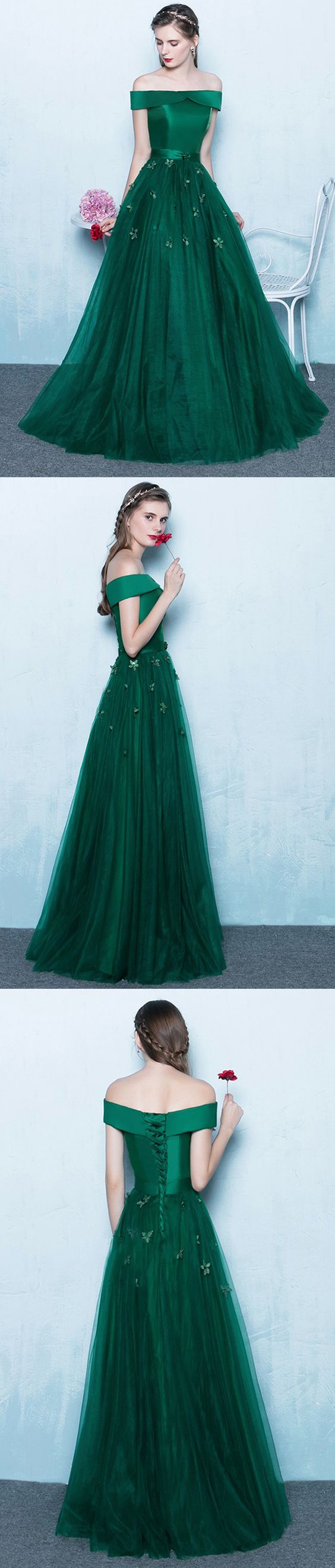 Green Off Shoulder Lace Up Back Appliques Party For Teens Prom Gown Dresses M0792