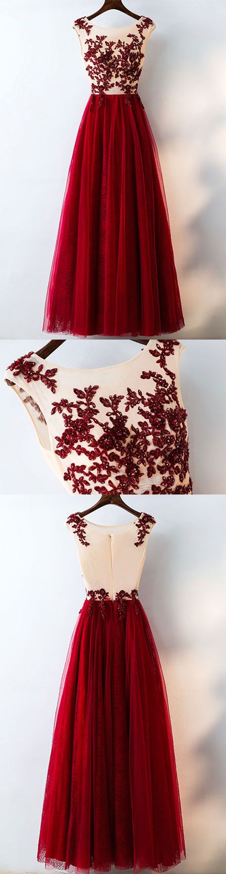 Burgundy Tulle Lace Applique Long Prom Dress, Evening Dress M0800