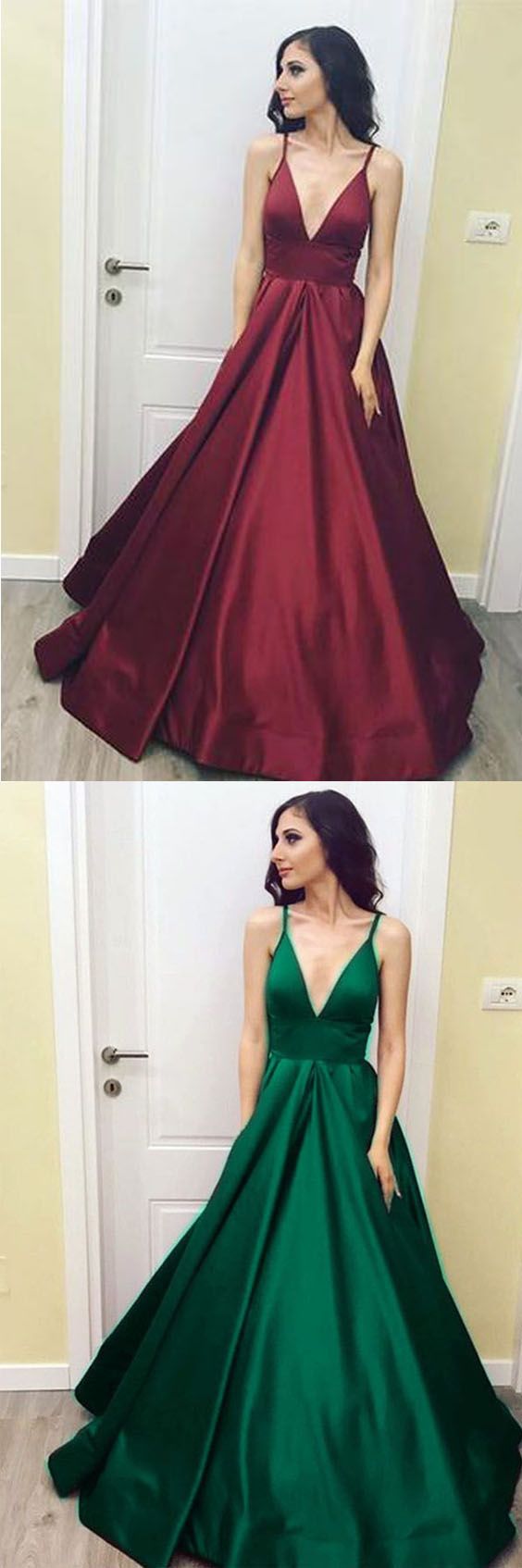 Simple V-neck Floor-length Satin Burgundy Prom Dress With Pockets M0817