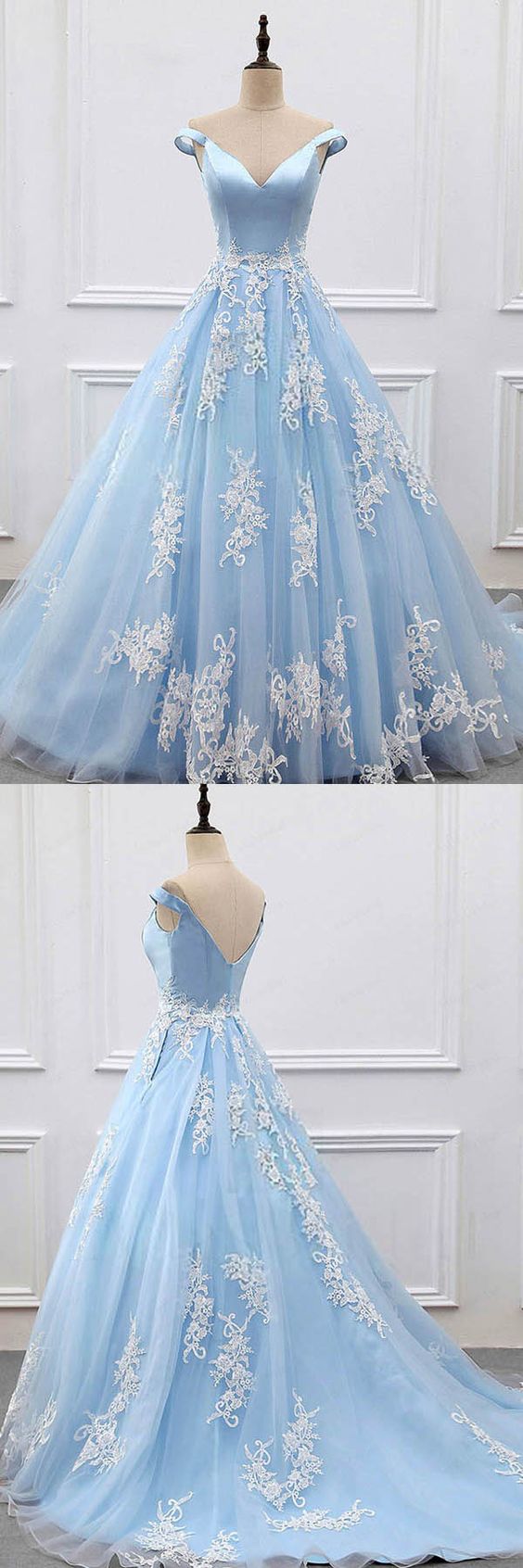 Ball Gown Off-the-shoulder Court Train Blue Tulle Prom Dress M0818