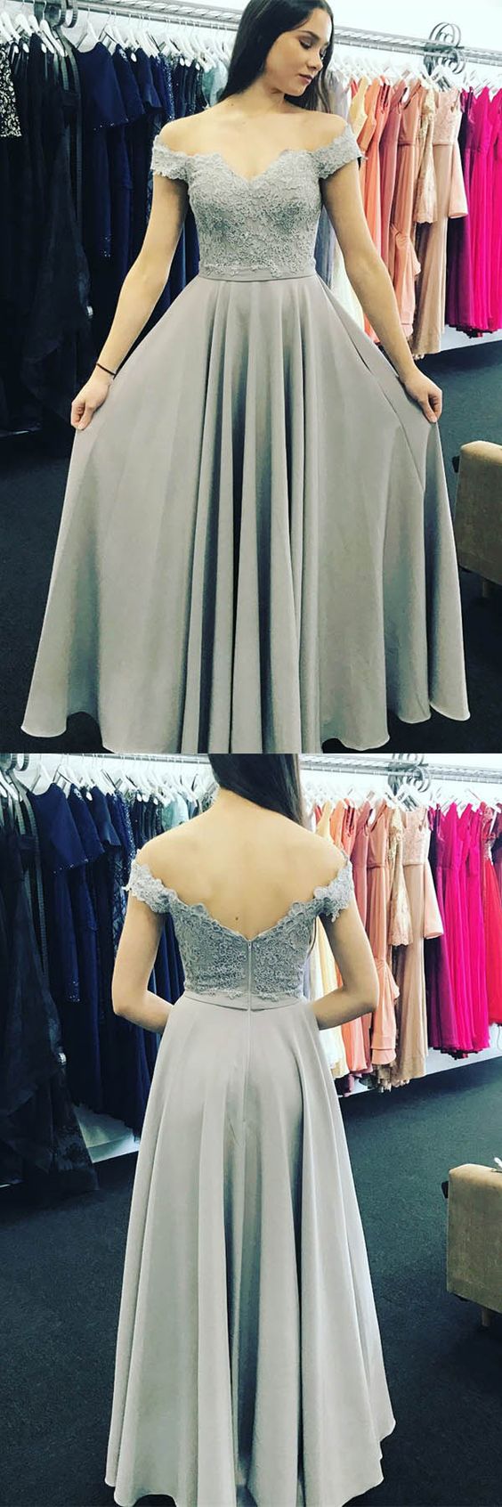 Off-the-shoulder Sweep Train Grey Chiffon Prom Dress With Appliques M0822