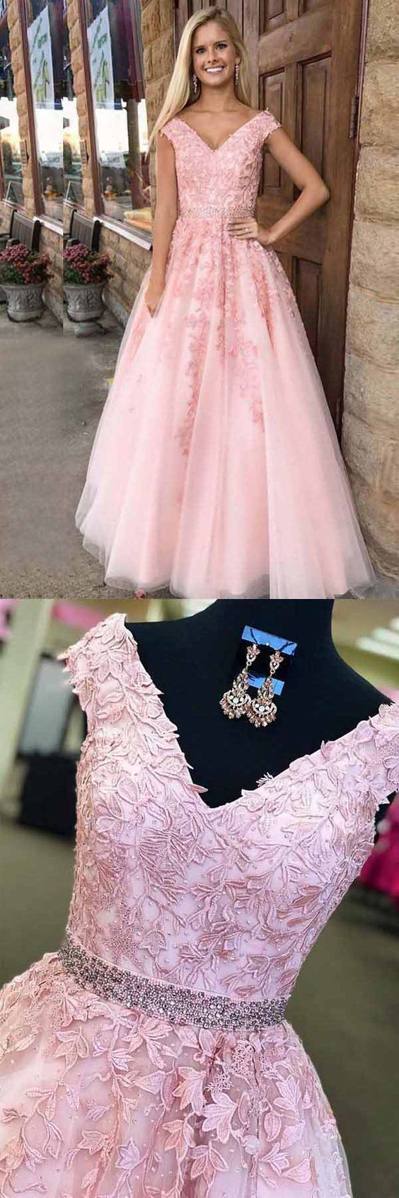 A-line V-neck Cap Sleeves Pink Tulle Beaded Appliques Prom Dress M0824