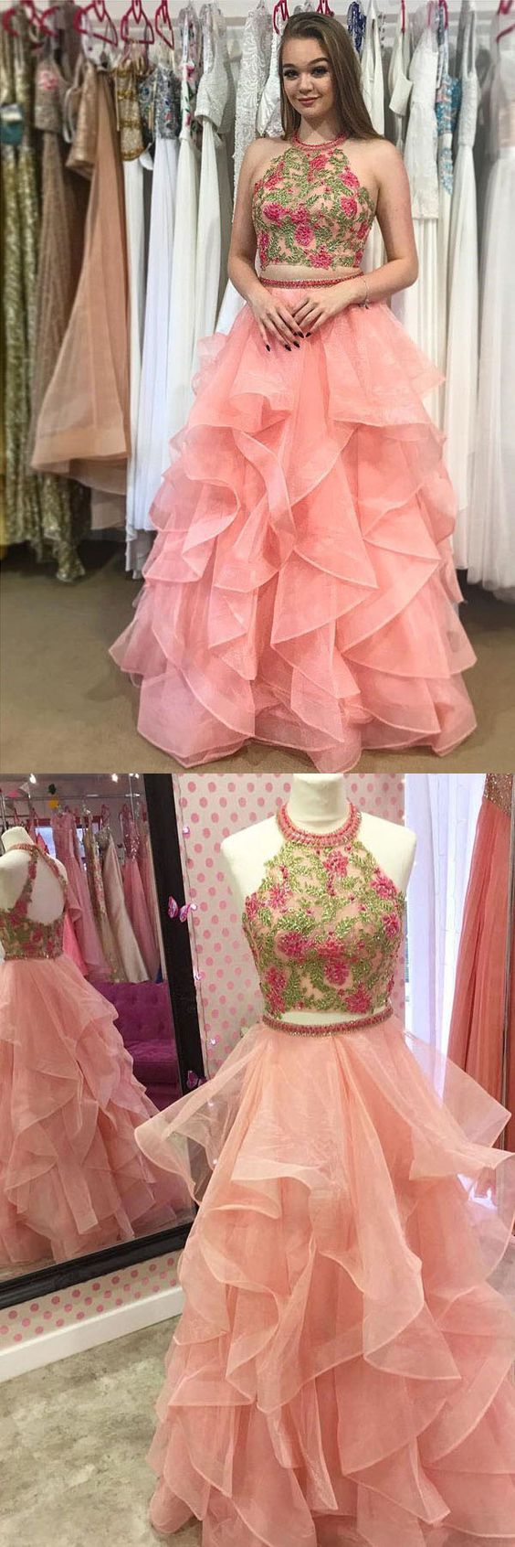 Two Piece Round Neck Tiered Pink Open Back Prom Dress With Appliques M0825