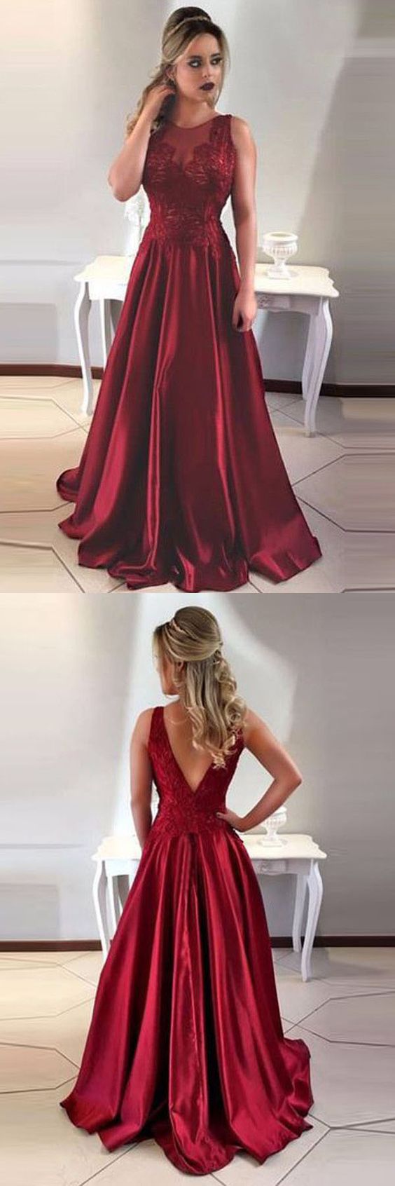 A-line Round Neck V-back Maroon Satin Prom Dresses With Lace M0826