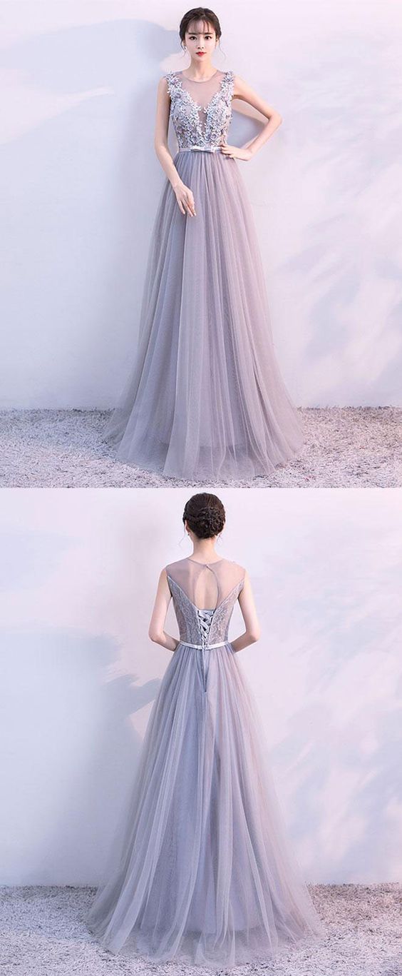 Gray A Line Tulle Lace Long Prom Dress, Lace Evening Dress M0848