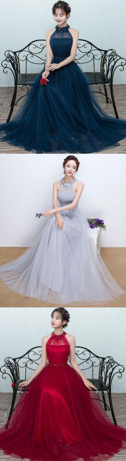 Simple Blue Tulle Long Prom Dress, Blue Tulle Bridesmaid Dress M0850