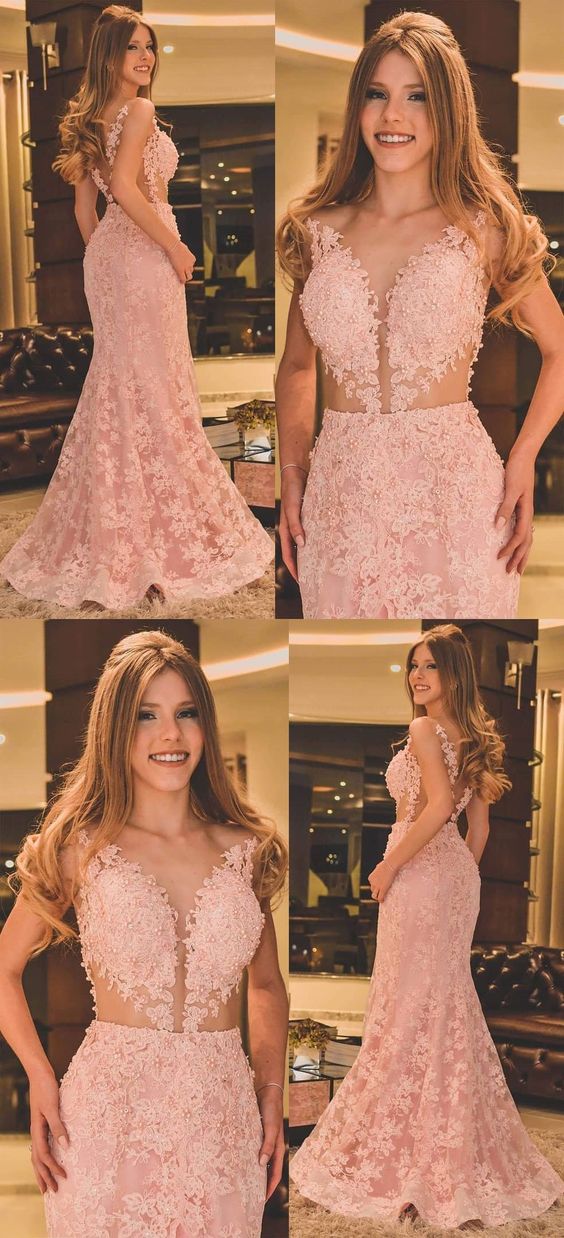 Mermaid V-neck Backless Pink Prom Dress With Appliques Beading M0897