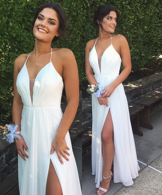 Simple A-line Halter Deep V-neck Backless White Chiffon Prom/evening Dresses With Split M0975
