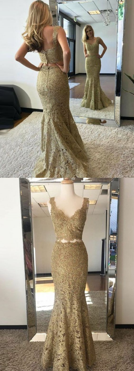 Two Piece Mermaid V-neck Sweep Train Gold Lace Prom Dress M0987 on Luulla