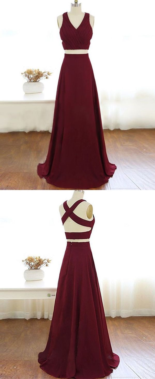 Two Pieces Burgundy Chiffon Long Prom Dress, Evening Dress M1022
