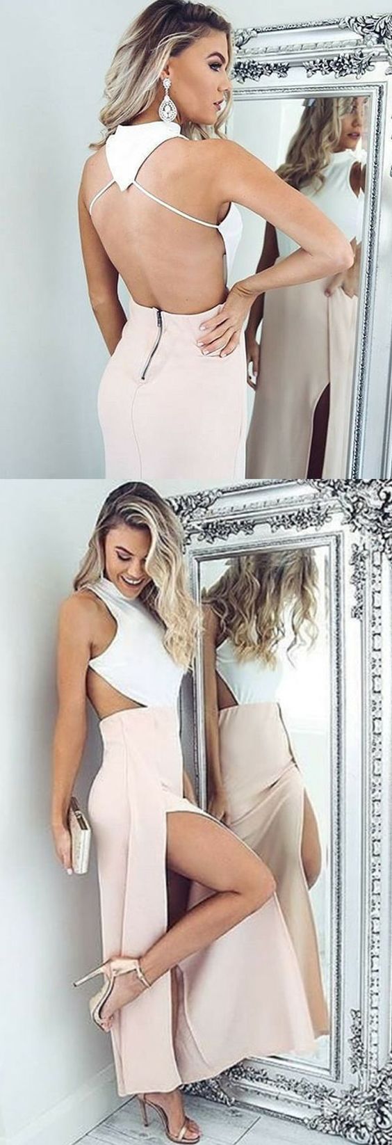 Sheath High Neck Backless Floor-length Pink Prom Dress With Split M1026