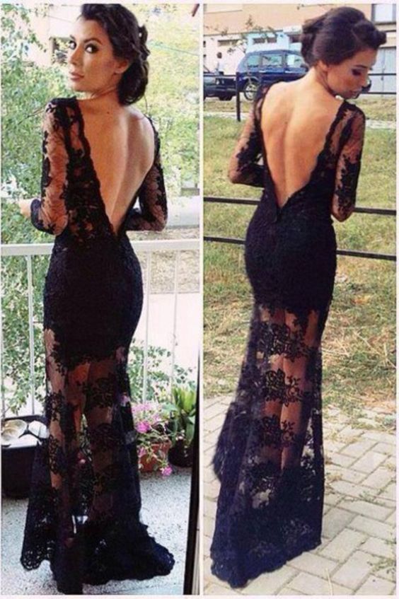 Black Lace Prom Dress ,mermaid Prom Dress ,backless Prom Dress ,long Sleeve Prom Dress M1049