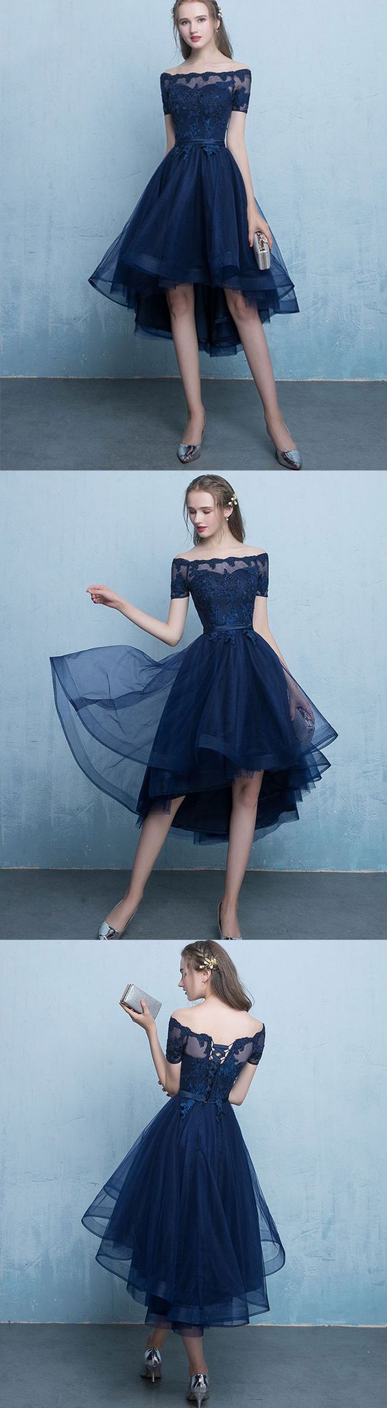 Dark Blue Lace Tulle Short Prom Dress, High Low Evening Dress M1075