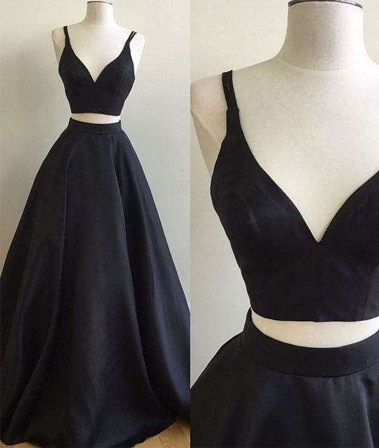 Simple Two Pieces Black Long Prom Dress, Black Evening Dress M1079
