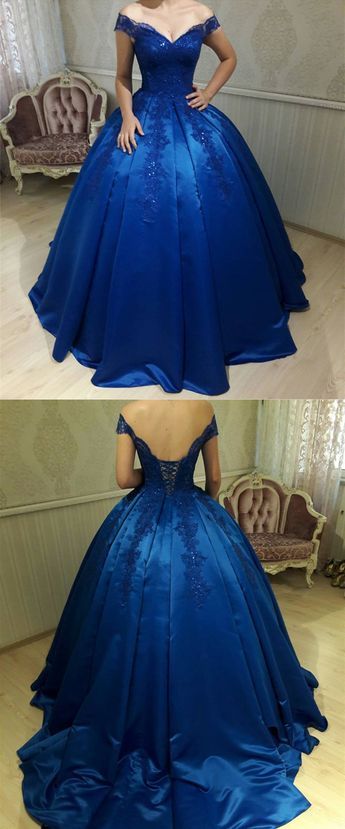 Royal Blue Satin Ball Gowns Quinceanera Dresses V Neck Off-the-shoulder M1102