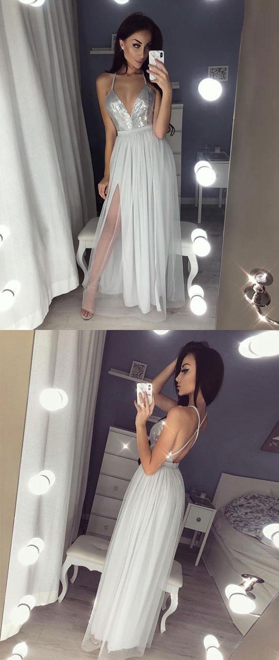 Popular Backless Sequin Top Formal Sexy Long Prom Dresses M1106