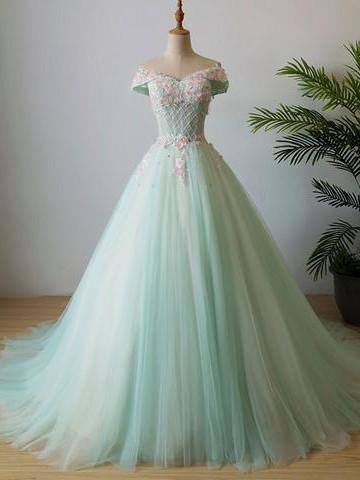 Elegant Applique Wedding Dress Off The Shoulder Beading Long Prom Dress Tulle Evening Dress M1110