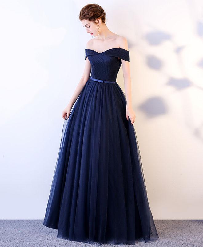 Dark Blue Long Prom Dress, Blue Tulle Evening Dress M1124