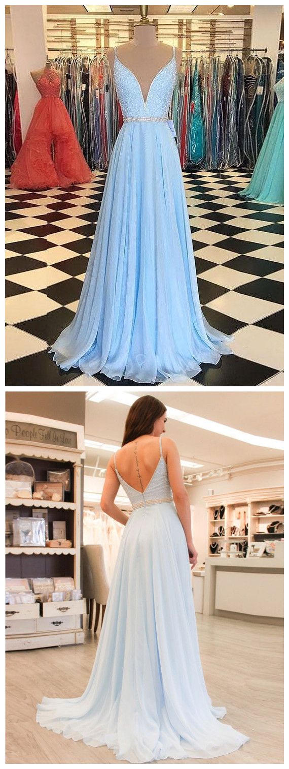 A Line Spaghetti Straps Sweep Train Sky Blue Chiffon Prom Dress With Sequins M1125 On Luulla