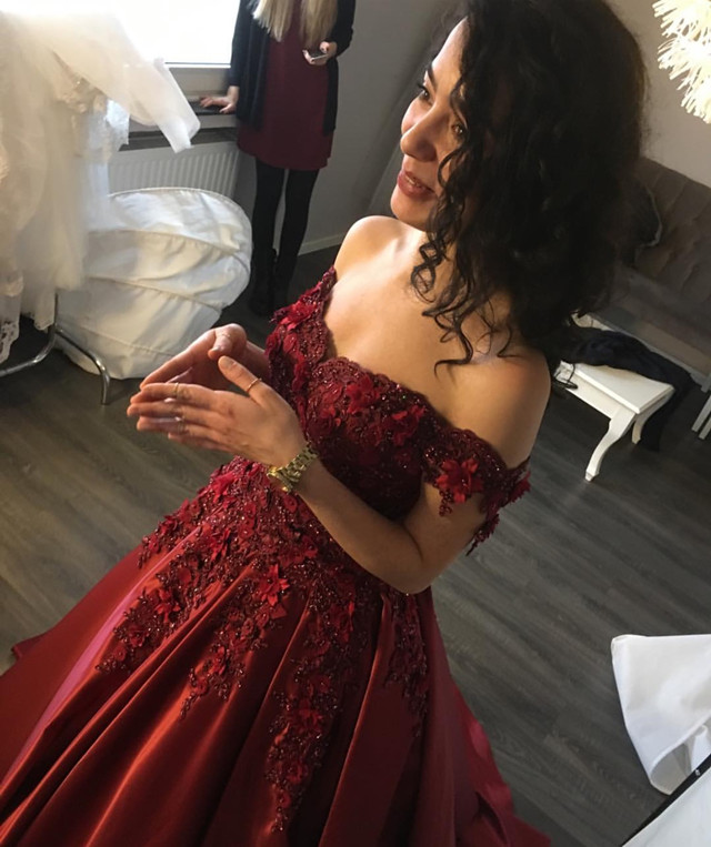 maroon and silver gown