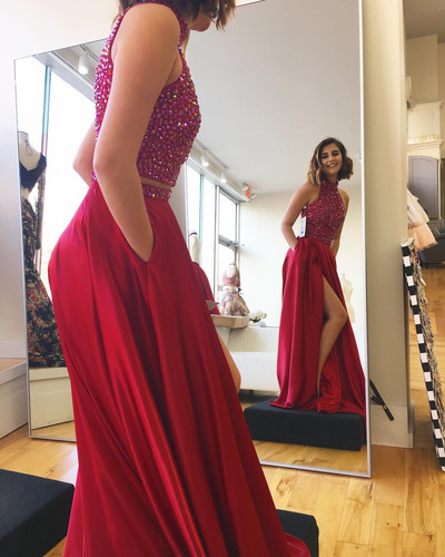 Beads Two Piece Red Long Prom Dress With Open Back M1176